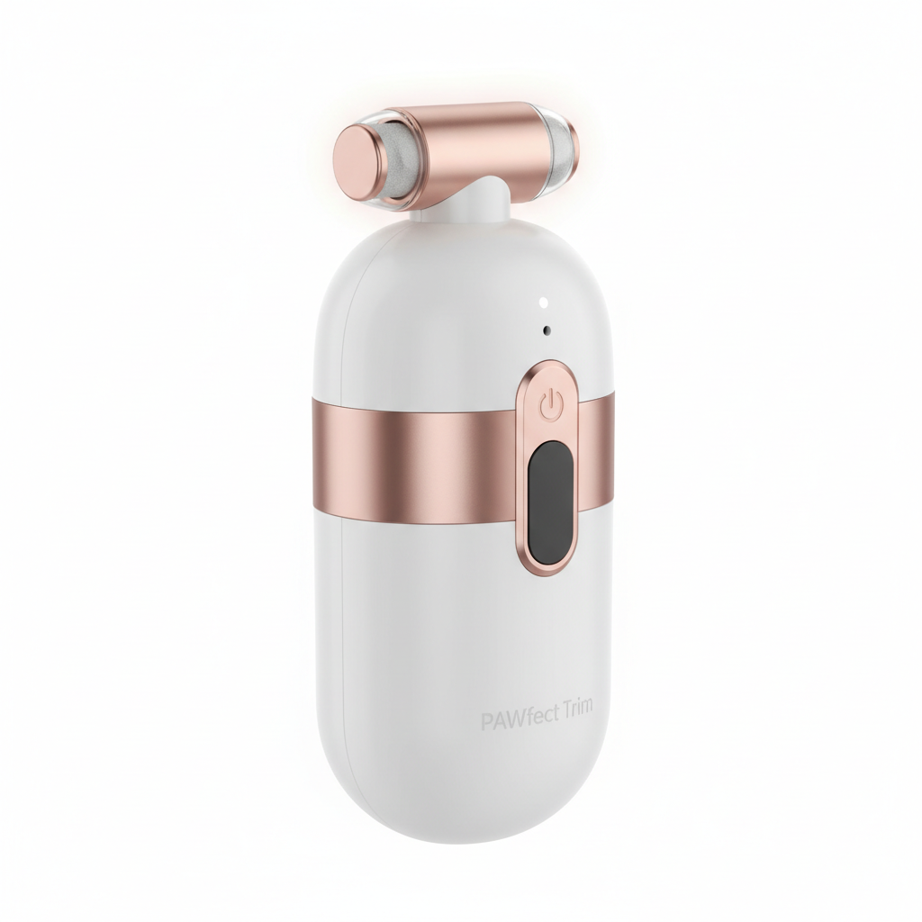 Cordless electric dog nail grinder in white and rose gold on white background