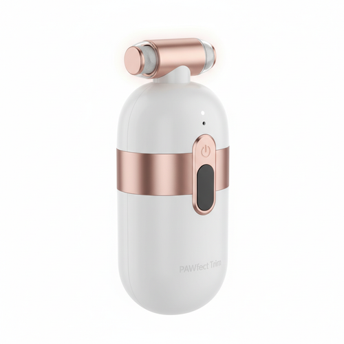 Cordless electric dog nail grinder in white and rose gold on white background
