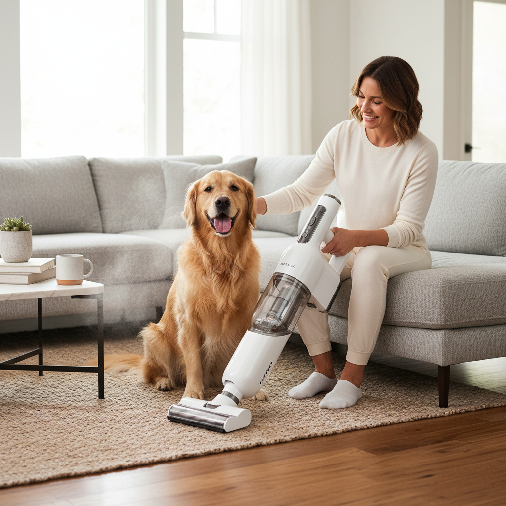 Person using pet grooming vacuum on calm golden retriever on couch