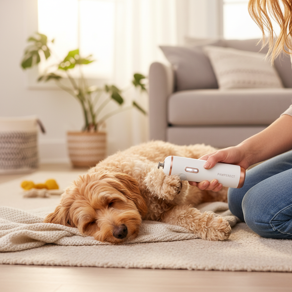 Person using nail grinder on calm dog's paw