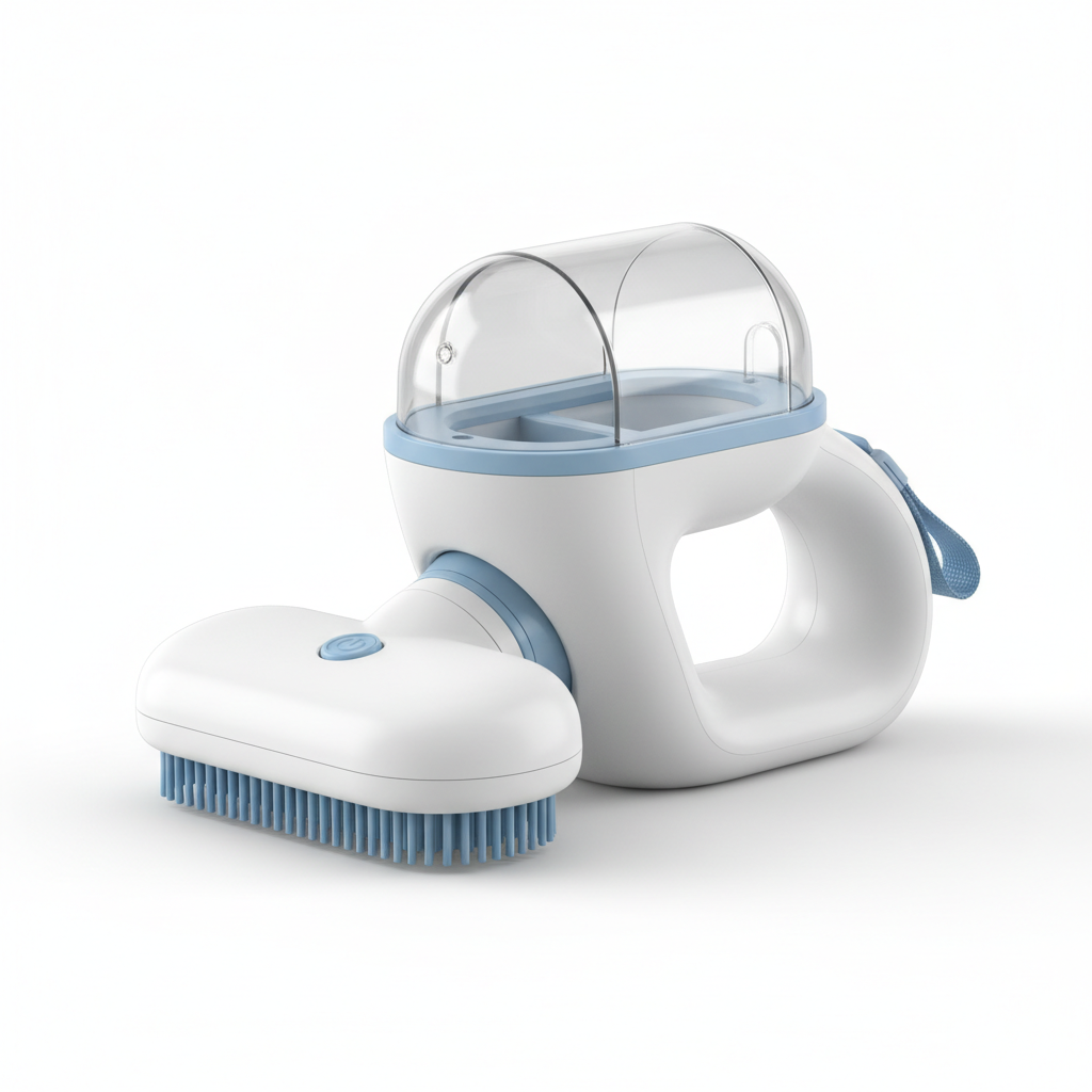Cordless pet shedding vacuum groomer in white and blue on white background