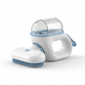 Cordless pet shedding vacuum groomer in white and blue on white background
